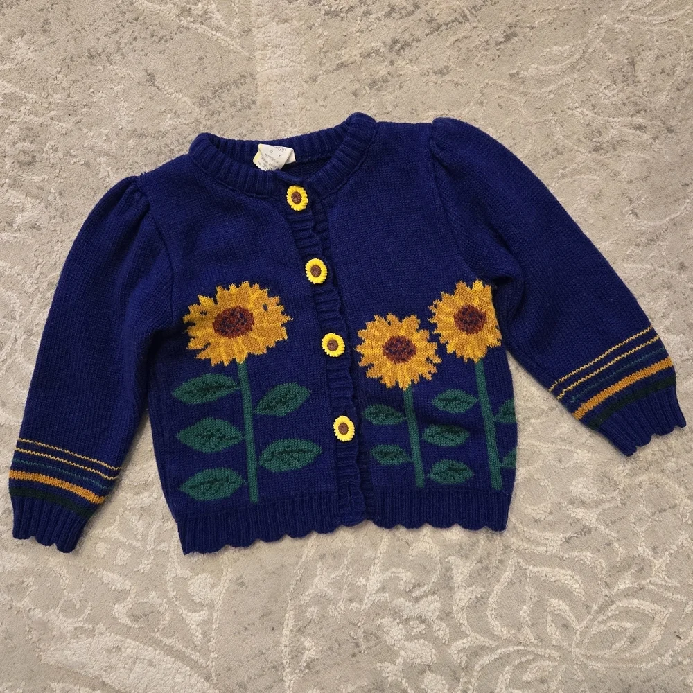 Vintage 1990s Blue Sunflower Knit Cardigan Sweater